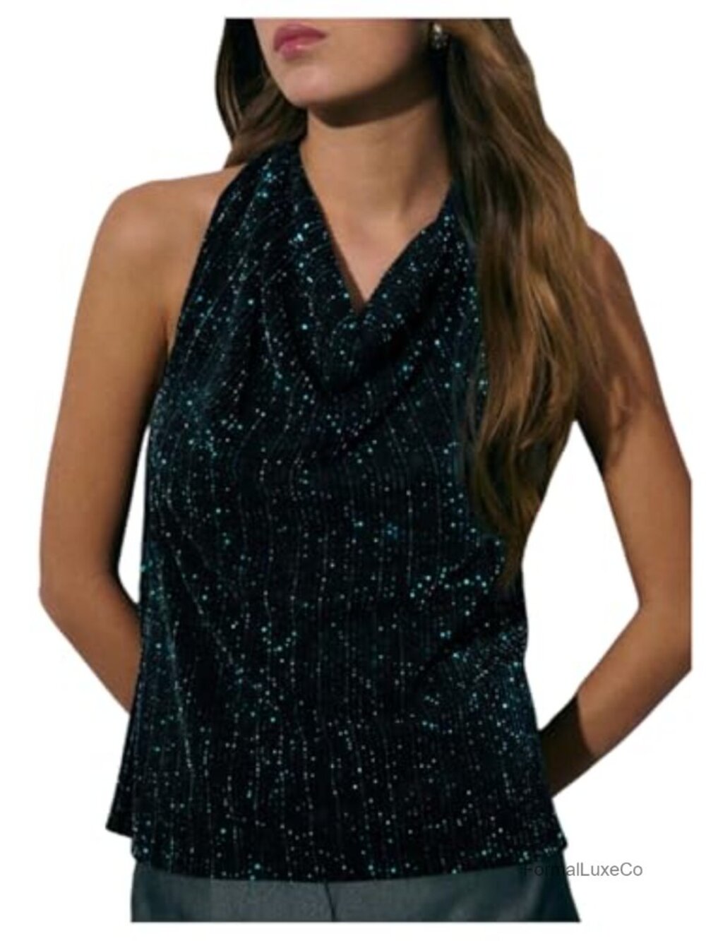 Sparkly Cowl Neck Halter Top Backless Draped Going Out Party Top